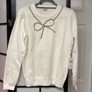 NWT Laura Ashley Rhinestone Bow Sweater. Off white w/Black & Clear Rhinestones
